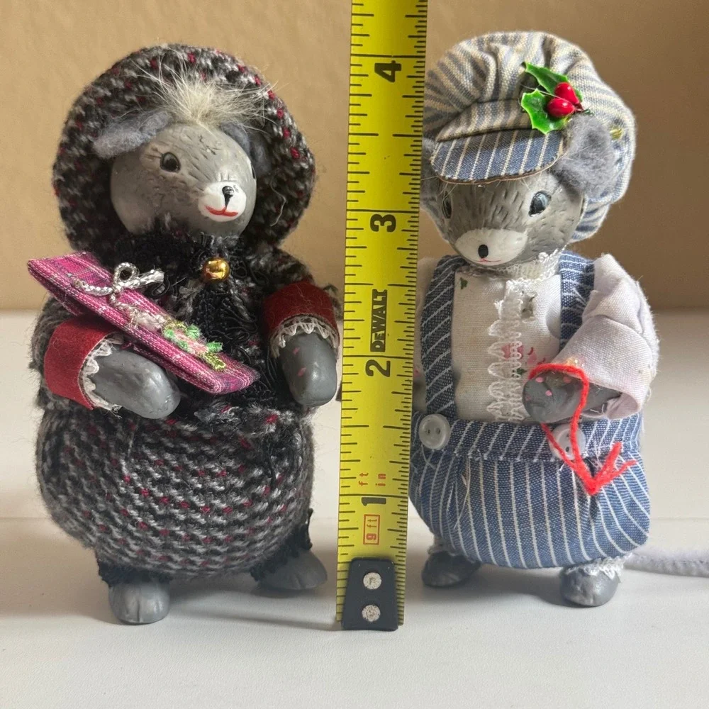 Vintage Christmas Mouse Figurines Set of 2 Festive Grey Mice Holiday Decor 4in